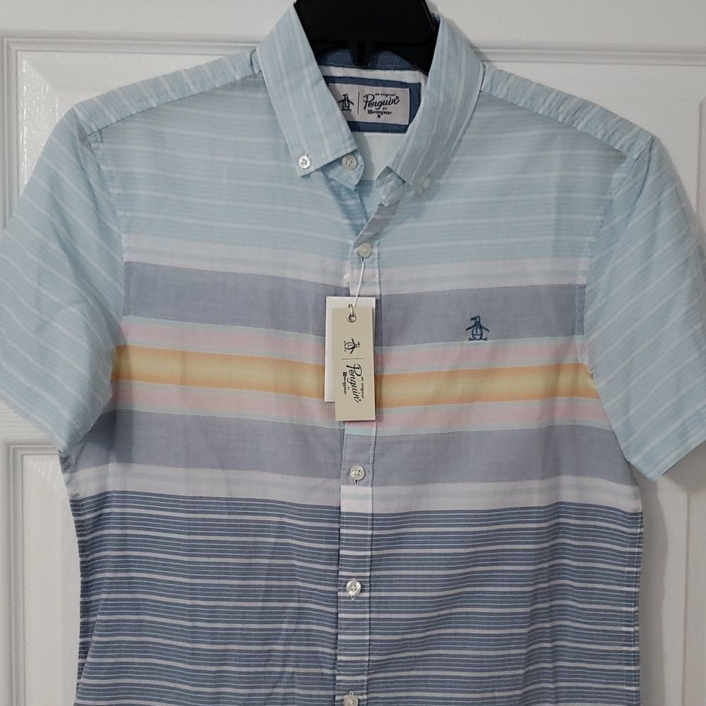 Original Penguin Blue Striped Casual Button Up Lightweight Shirt. Men's Small
